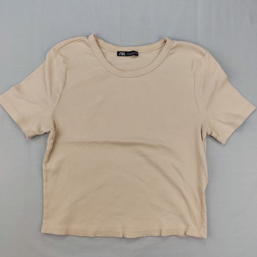 Zara T-Shirt Womens Large‎ Beige Ribbed Knit Short Sleeve Crew Neck Basic Tee
